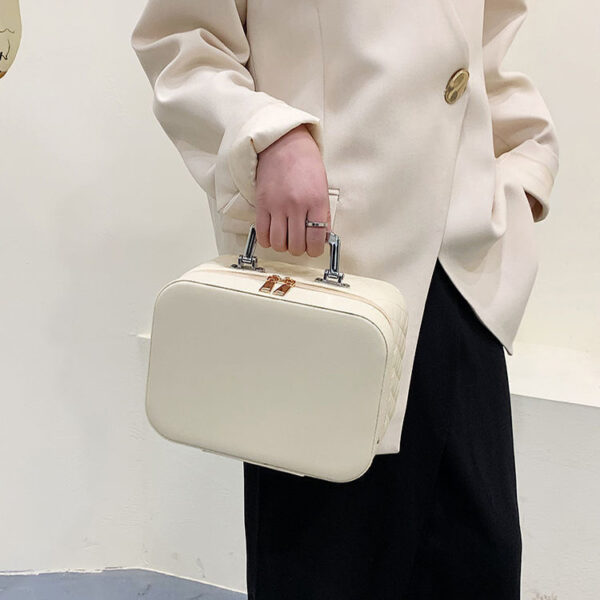 Portable Cosmetic Bag With Mirror Design Fashion Rhombus-Embroidery Double-layer Suitcase Large Capacity Make-up Storage Bags For Women - Image 2