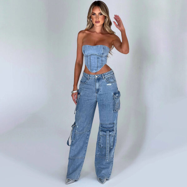 Women's Suit Low Waist Three-dimensional Tube Top And Pocket Stitching Jeans Pants - Image 8