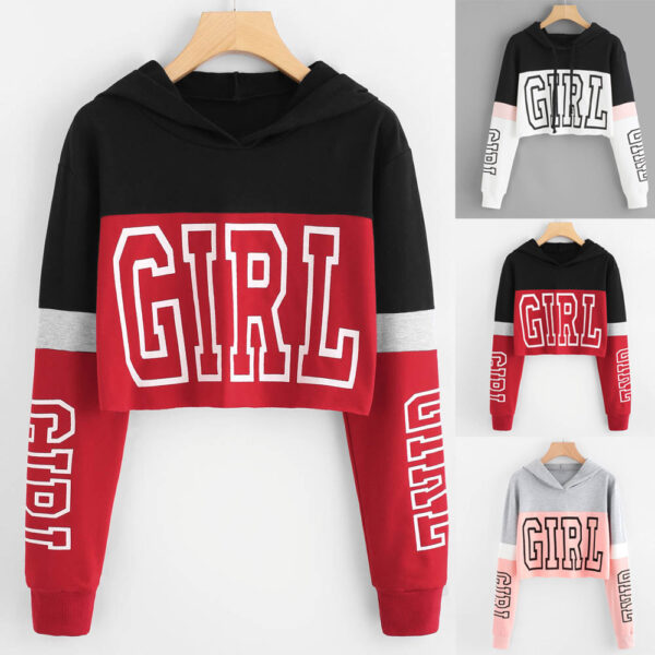 Crop Top Hoodie  Sweatshirt Hoodies Women Patchwork Lett - Image 2