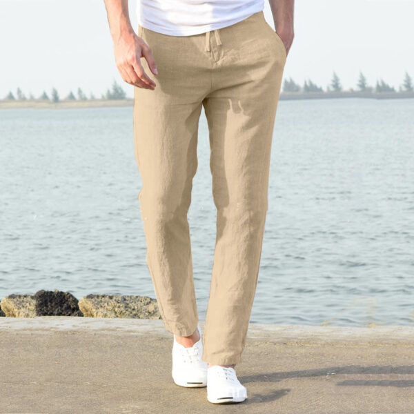 Loose solid color tether elastic waist men's linen cotton pants - Image 3