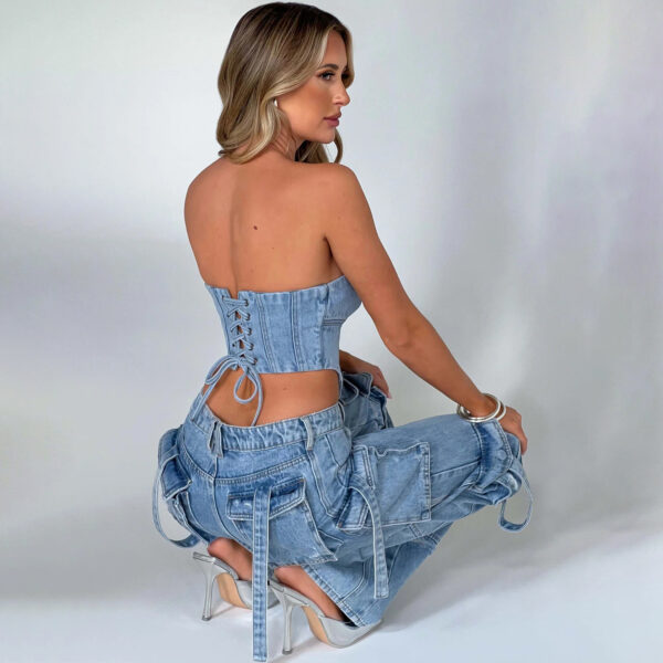 Women's Suit Low Waist Three-dimensional Tube Top And Pocket Stitching Jeans Pants - Image 7
