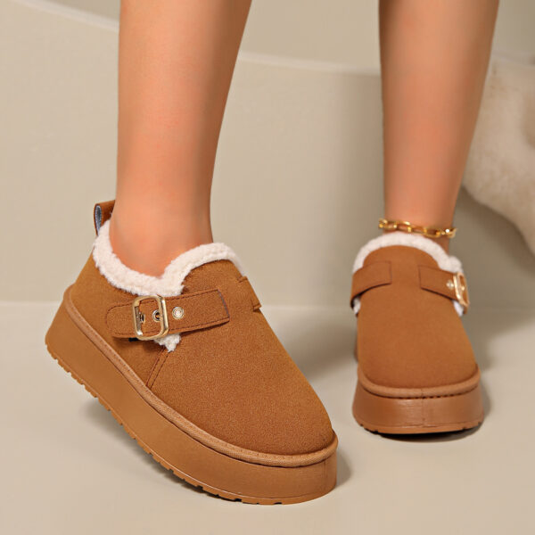 Fashion Round Toe Ankle Boots With Buckle Design Winter Warm Thickened Cotton Shoes Suede Flat Boot For Women - Image 4