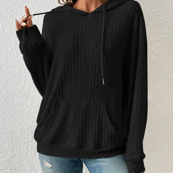 Fashion Drawstring Long-sleeved Hooded Sweatshirt With Pockets Solid Sunken Stripe Hoodie Knitwear Womens Clothing - Image 6