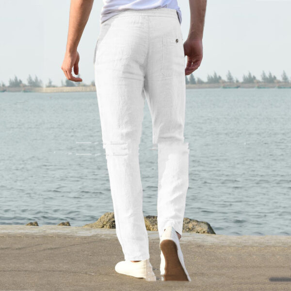 Loose solid color tether elastic waist men's linen cotton pants - Image 2