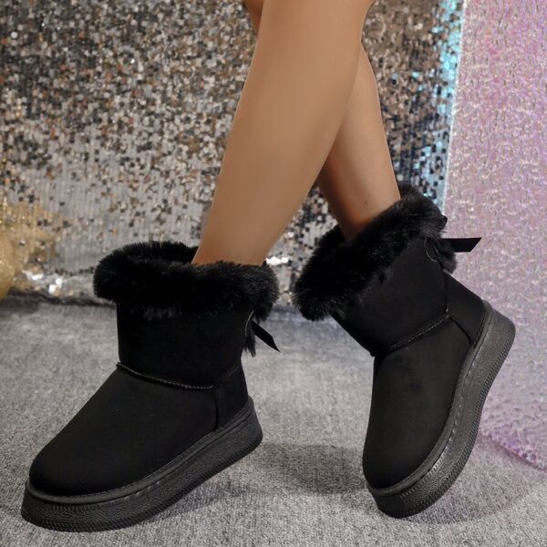 Winter Snow Boots With Bowknot Fashion Round Toe Flat Thickened Suede Cotton Shoes For Women Casual Warm Plush Short Boot - Image 5