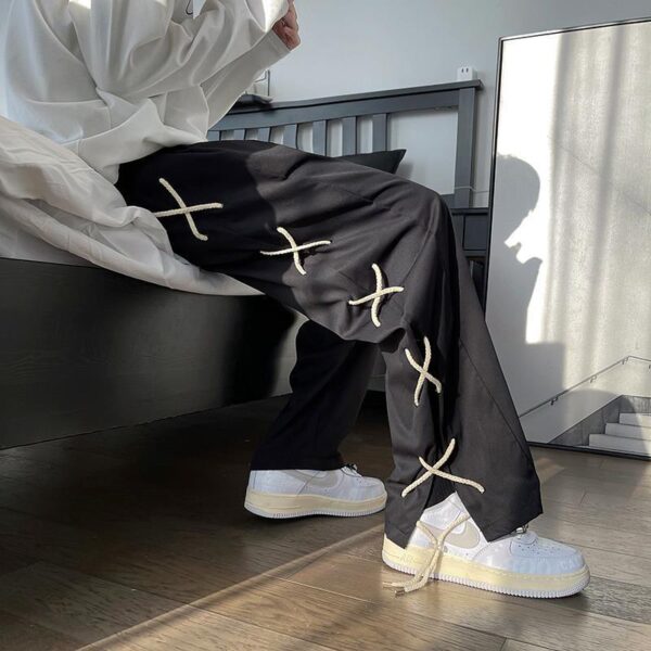 Mens Vintage Patchwork Drawstring Casual Trousers - Image 2