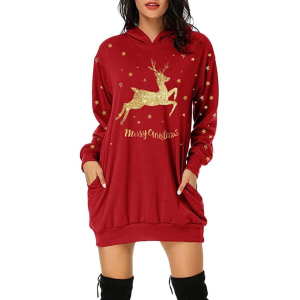 Christmas hot sale printed mid-length pocket hooded long-sleeved sweater - Image 3