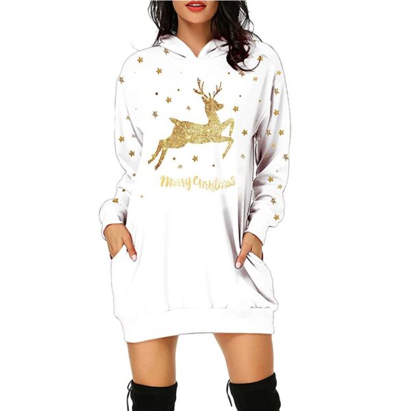 Christmas hot sale printed mid-length pocket hooded long-sleeved sweater - Image 5