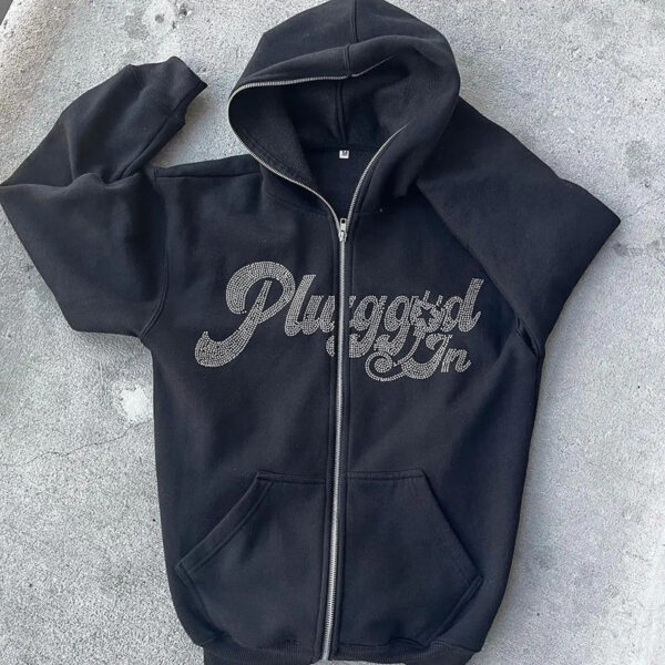 Fashion Men's Hoodies Letters Rhinestone Loose Cardigan Zipper Sweater - Image 2