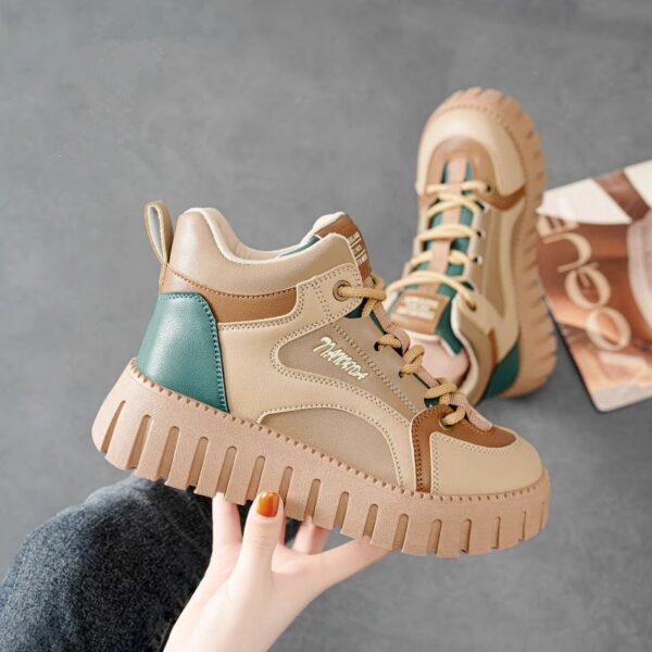 Thick Bottom Fashion Sneaker Women's Fleece Lined Leather High Top - Image 3