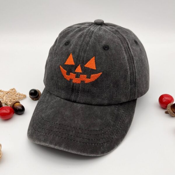 Washed Cotton Men's And Women's Casual Halloween Embroidery Pumpkin Smiley Baseball Cap - Image 2