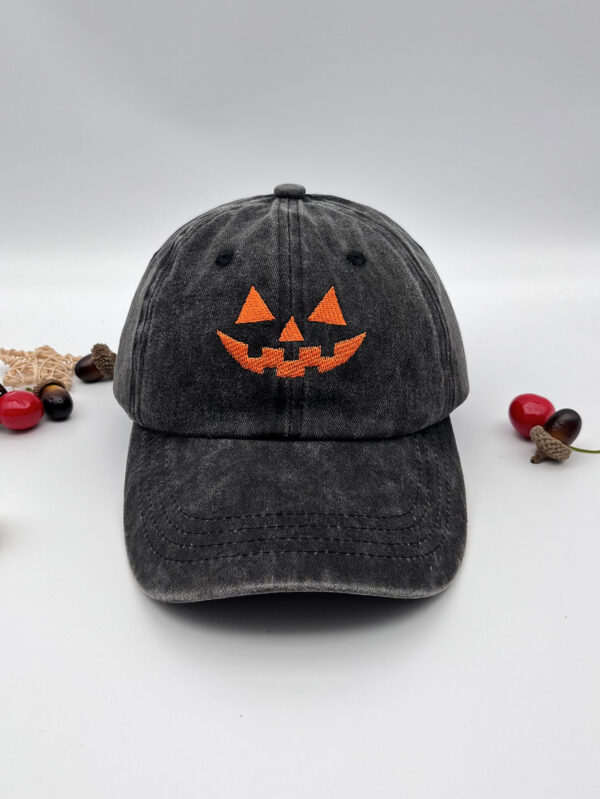 Washed Cotton Men's And Women's Casual Halloween Embroidery Pumpkin Smiley Baseball Cap - Image 6